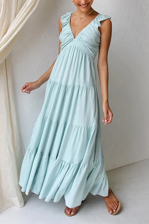 V Neck Ruffle Trim Tiered Sleeveless Linen Maxi Dress
