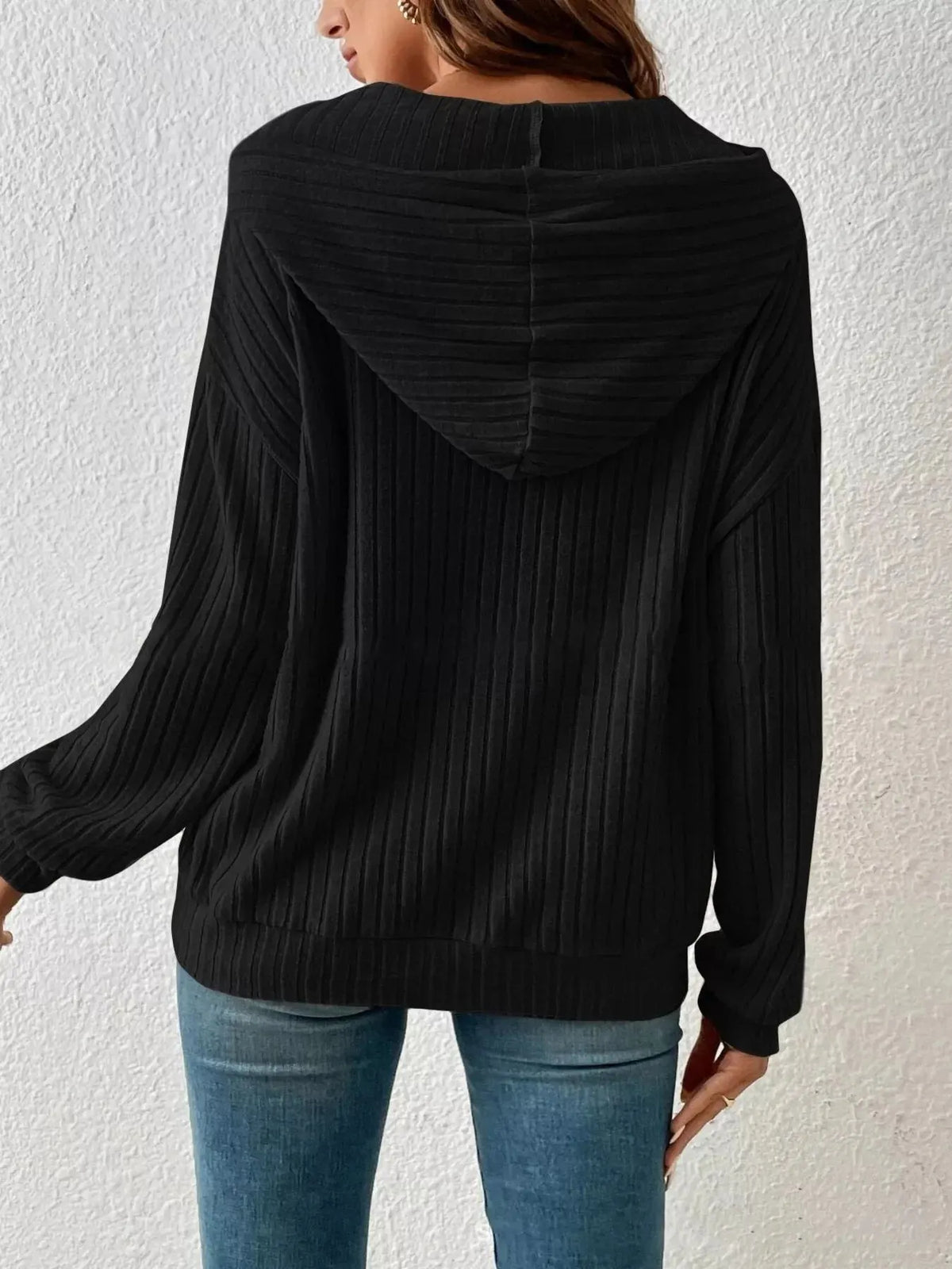 Casual Ribbed Knit Drawstring Hoodie