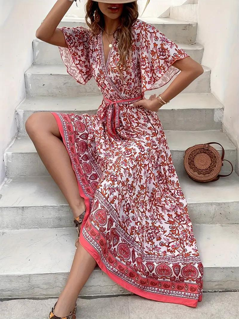 Fließendes Blumen-Maxikleid mit V-Ausschnitt & Bindegürtel