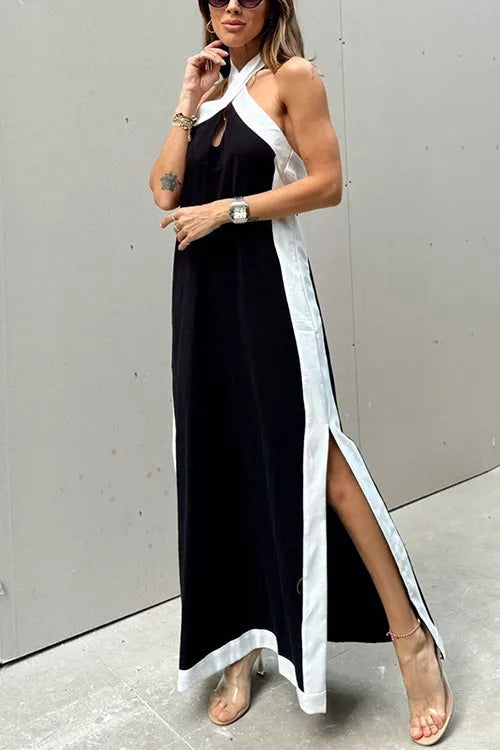 Halter Backless Side Split Color Block Cotton Linen Maxi Dress