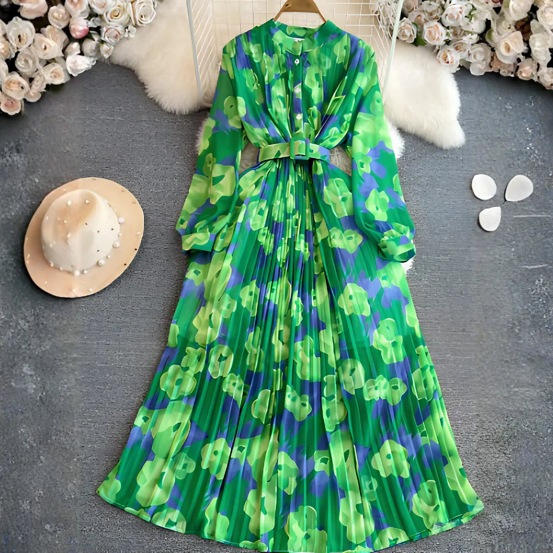 Women's Pleated Dress with Button-Front for All-Season Wear
