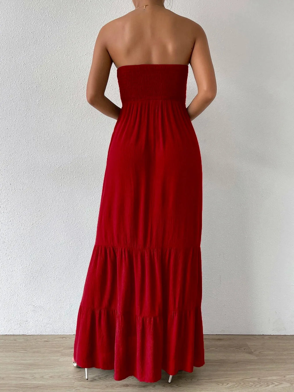 Vestido Feminino Longo Com Babado Liso Vermelho