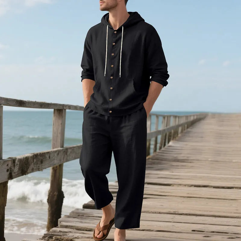 Herren nan legeres Leinen-Baumwoll-Ensemble mit Kapuzen-Oberteil und durchgehender Knopfleiste, Kängurutasche und knöchellanger weiter Hose
