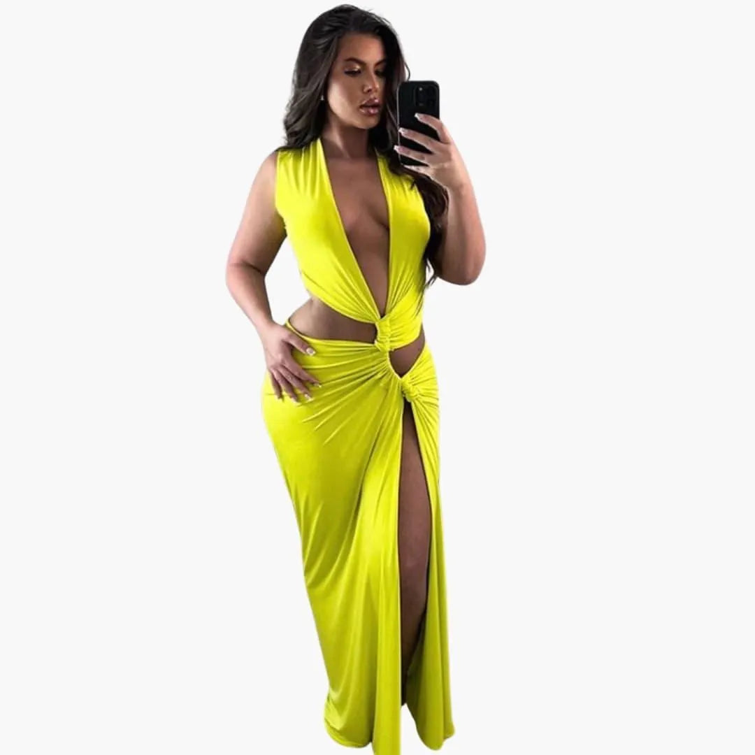 Women's High-Slit Maxi Dress with V-Neck and Cut-Out Detail