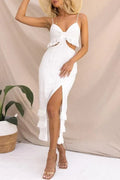 V Neck Cut Out Waist Slit Tassel Midi Cami Dress