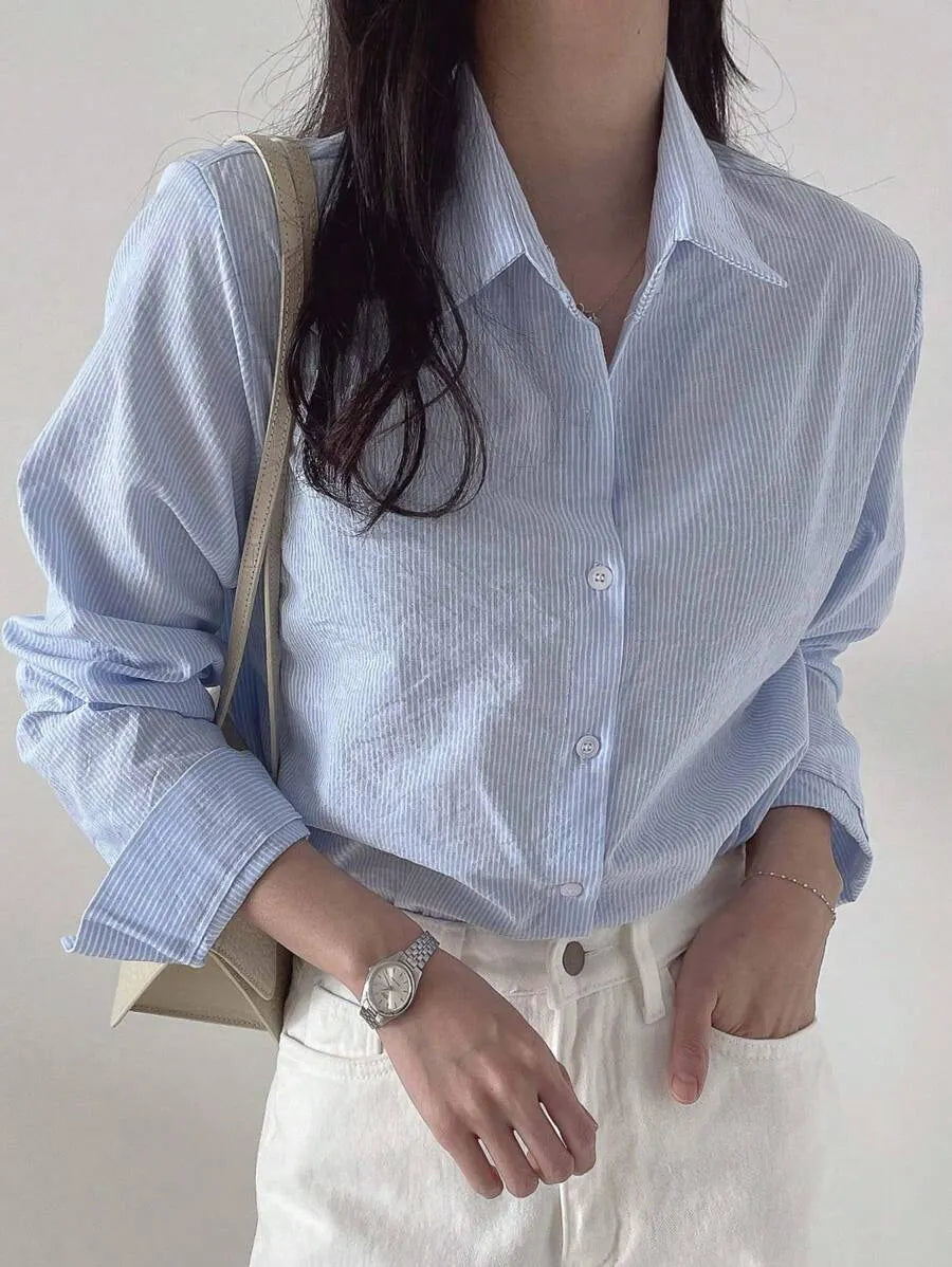 Blusa Feminina Manga Longa Modelo Camisa Azul