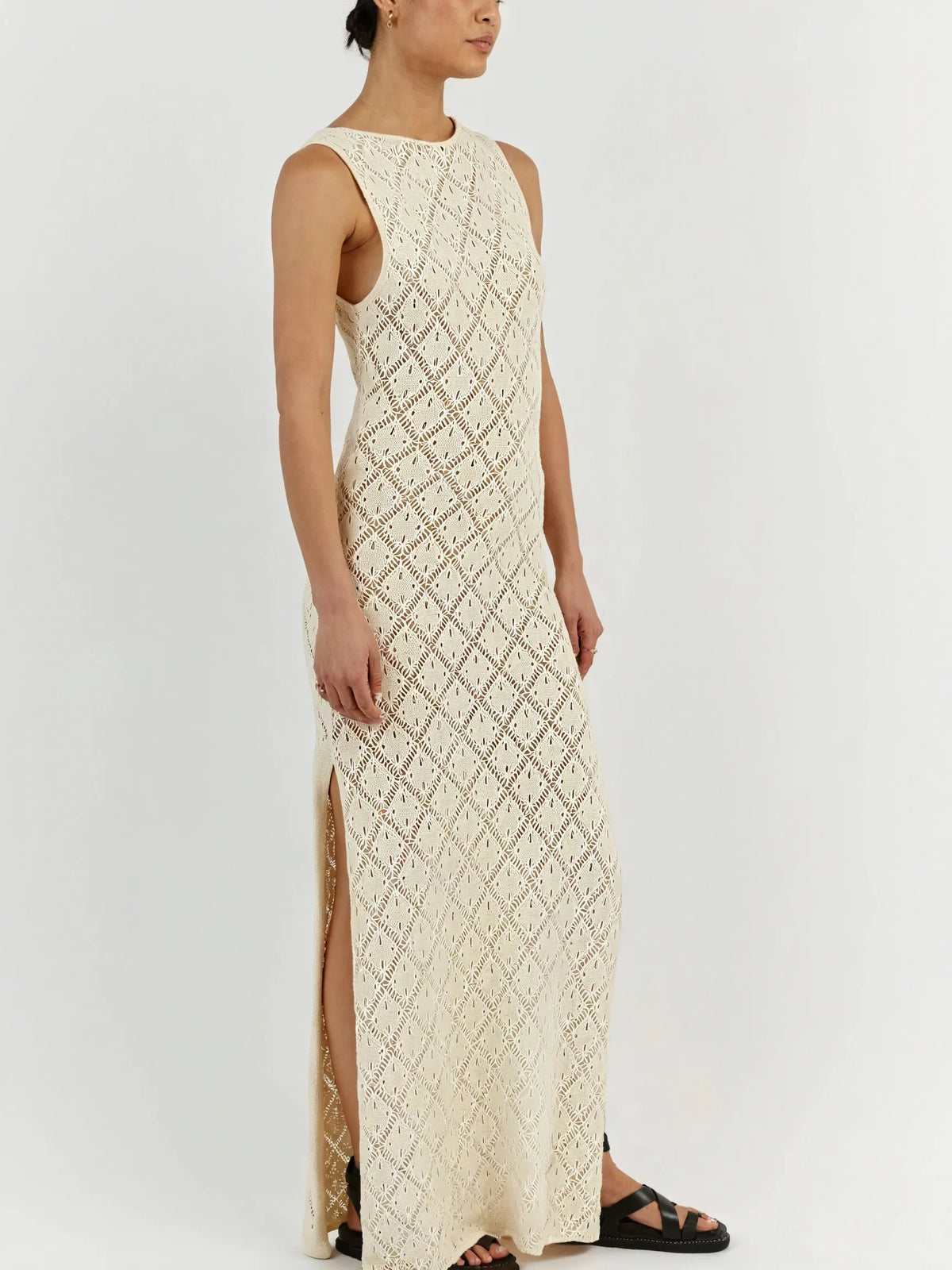 Ärmelloses Lochstrick Maxikleid – Strick-Design