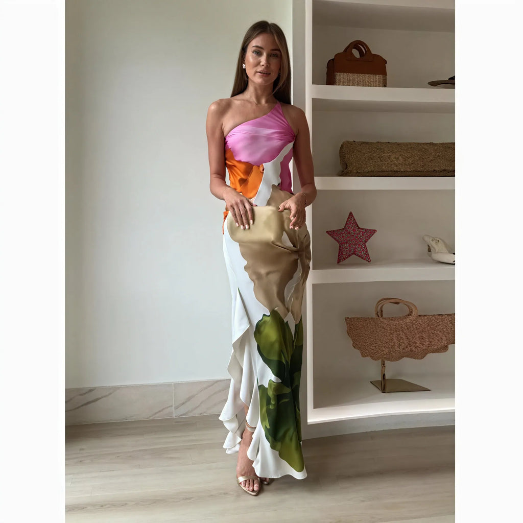 Bedrucktes Maxi-Kleid – One-Shoulder & Neckholder
