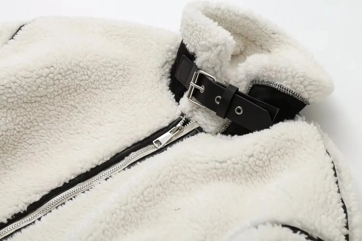 ELIN | Wollen Teddy Jas Voor Dames Met Leren Details â€“ Warm, Stoer & Ideaal Voor Koude Dagen