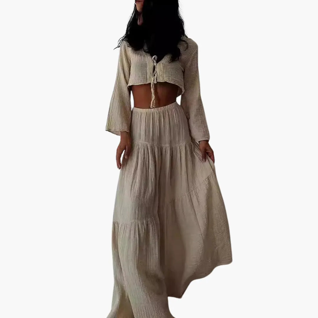 Womenâ€™s Two-Piece Set with Tie-Front Top and High-Slit Skirt