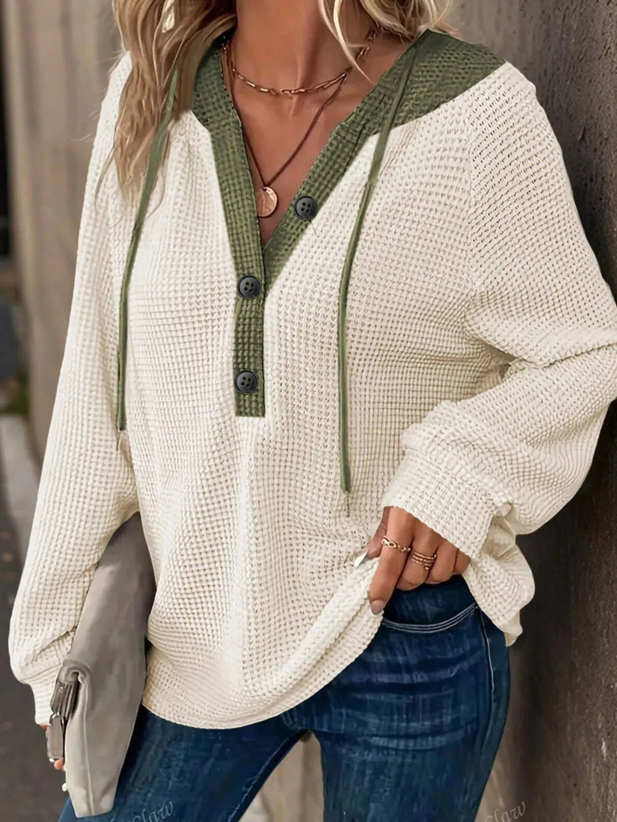 Waffle Knit Button Detail Drawstring Hoodie