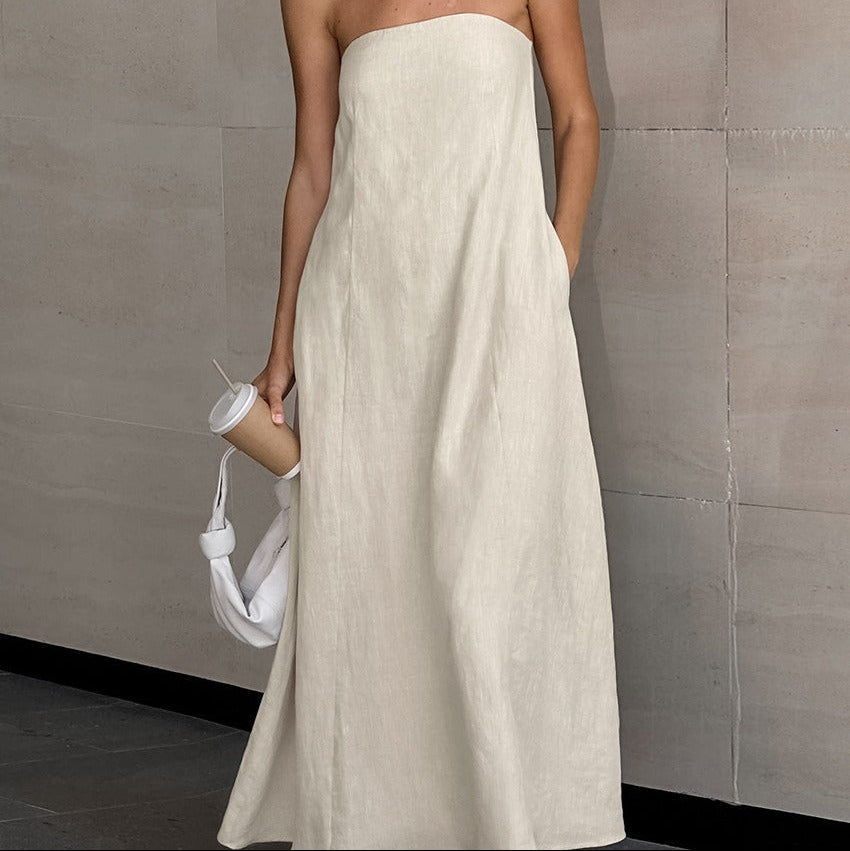 ELODIE | Lange Strapless Jurk Van Linnen-Katoen â€“ Luchtig, Natuurlijk, Elegant
