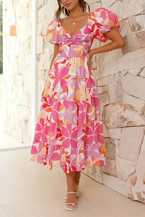 Twist Knot Cut Out Puffle Sleeves Printed Ruffle Maxi Dress