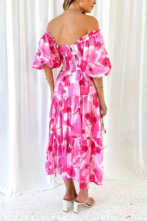 Off Shoulder Puff Sleeves Ruffle Tiered Printed Midi Dress