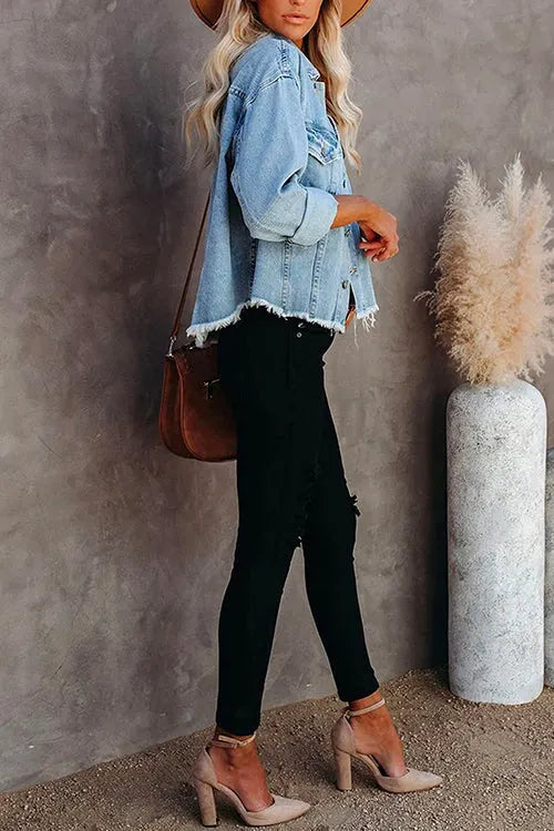 Raw Hem Button Down Short Denim Jacket