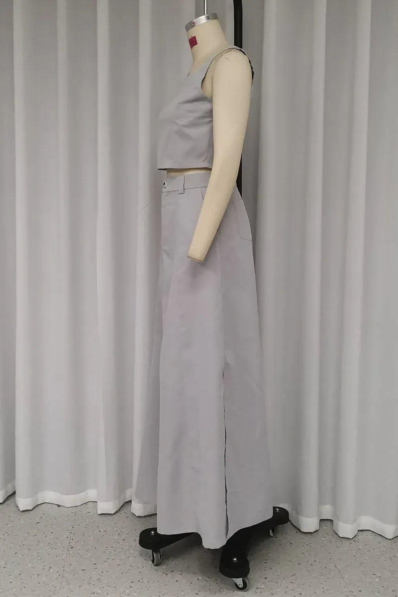 Casual Simplicity Solid Pocket Buttons Slit Square Collar Sleeveless Two Pieces