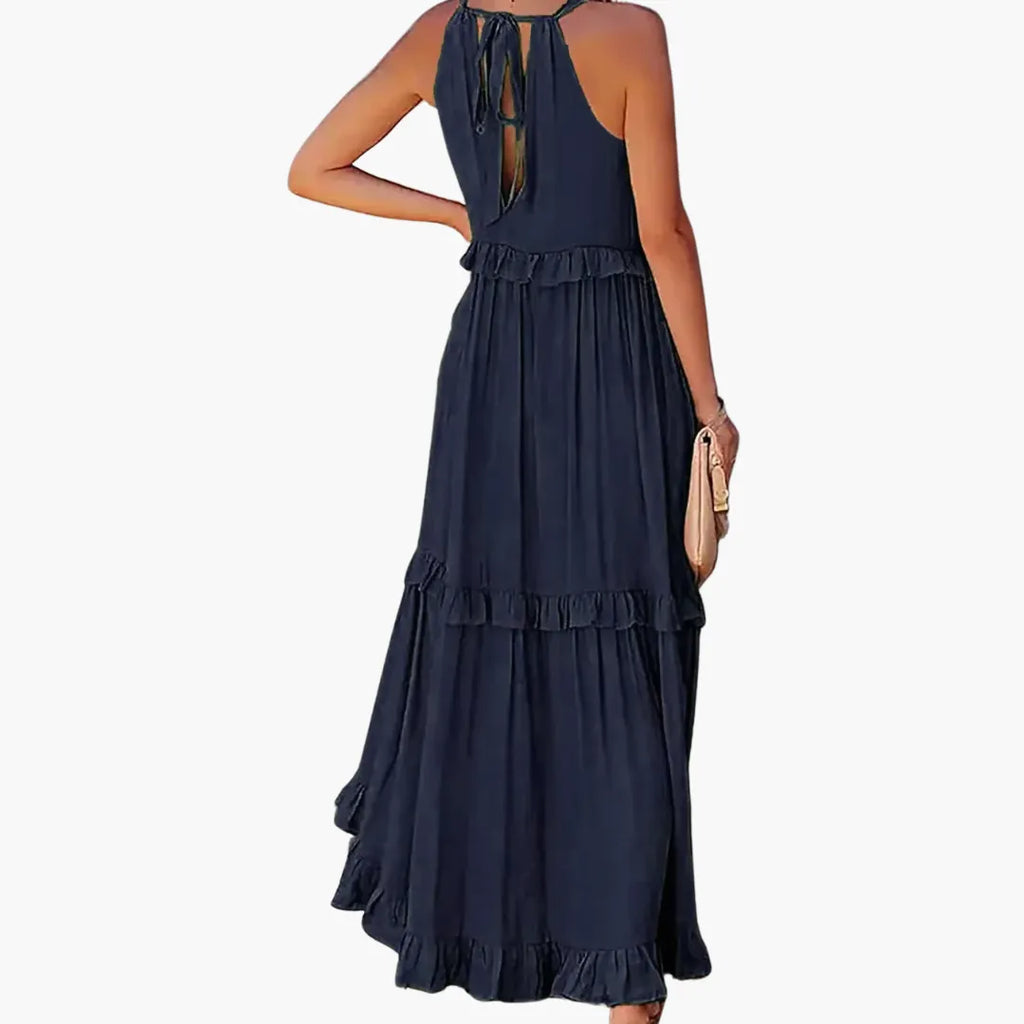 Womenâs Maxi Dress with Cascading Ruffle Tiers and Adjustable Straps