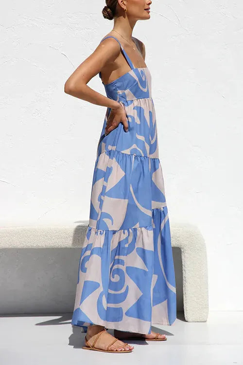 Adjustable Strap Waisted Soleil Print Ruffle Maxi Dress