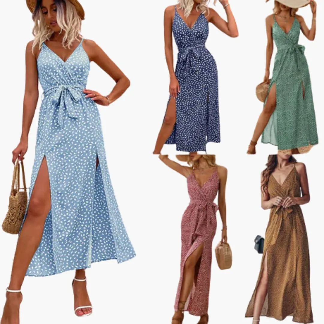 Womenâ€™s Long Beach Dress with V-Neckline and Tie Waist