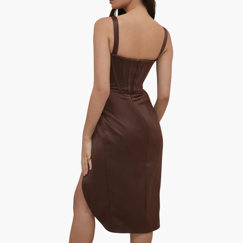Womenâ€™s Satin Midi Dress with Deep V Neckline and Cinched Waist