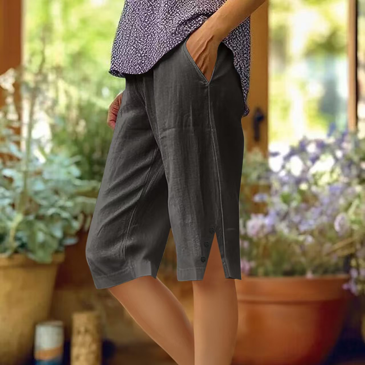Women's Elegant Cotton And Linen Shorts Pants (With Pockets)