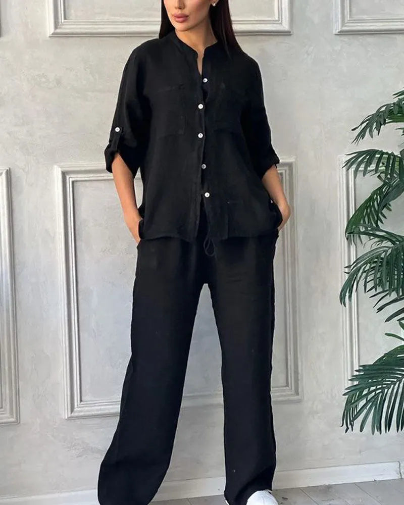 Solid Color Cotton Linen Long-sleeved Shirt & Lace-up Wide Leg Pants Two-piece Set