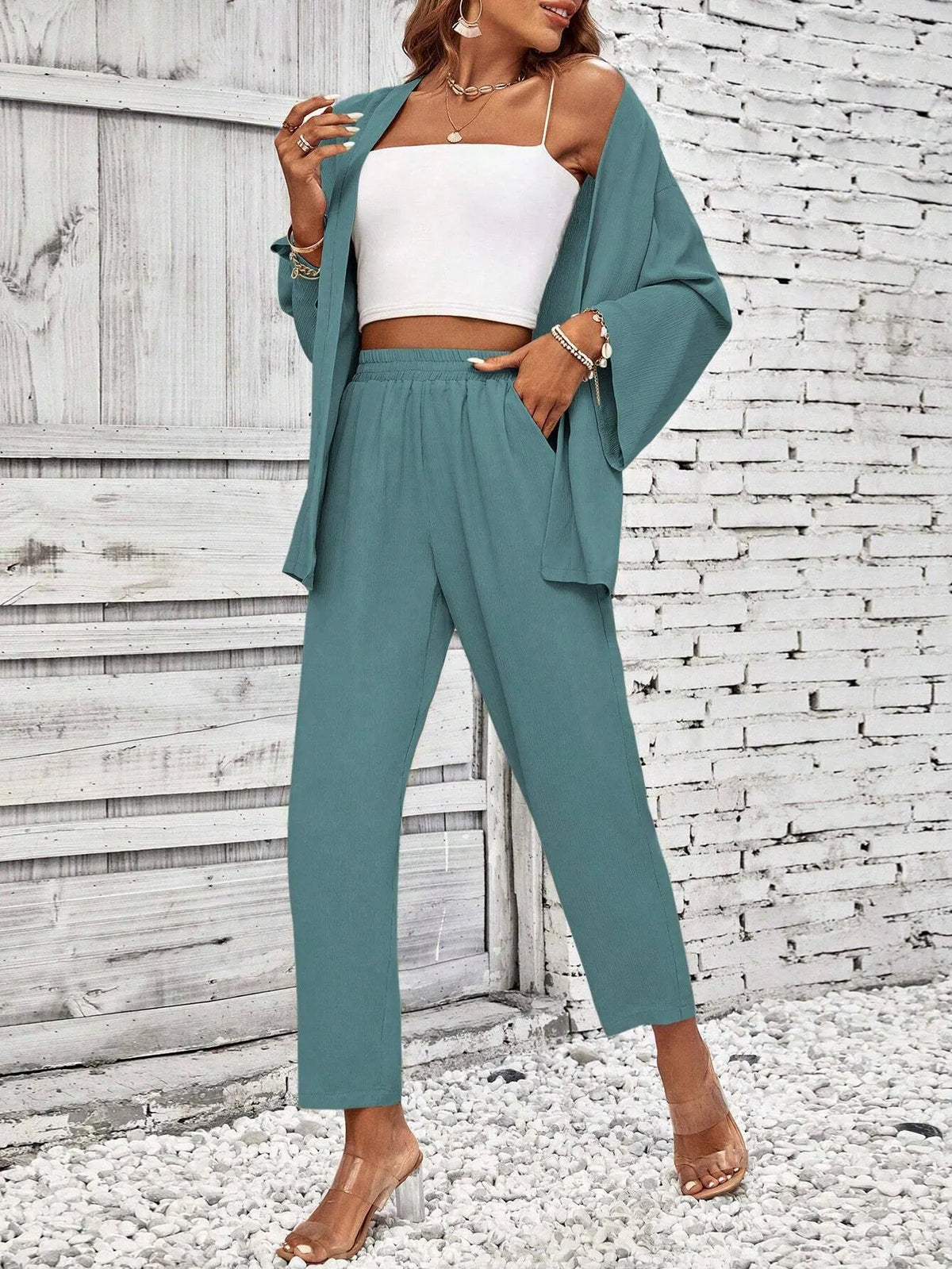 Conjunto Feminino Duas PeÃ§as Com Casaco Aberto Verde