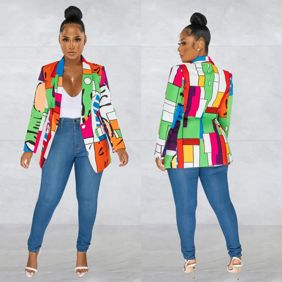 Long sleeve multicolor printed blazer