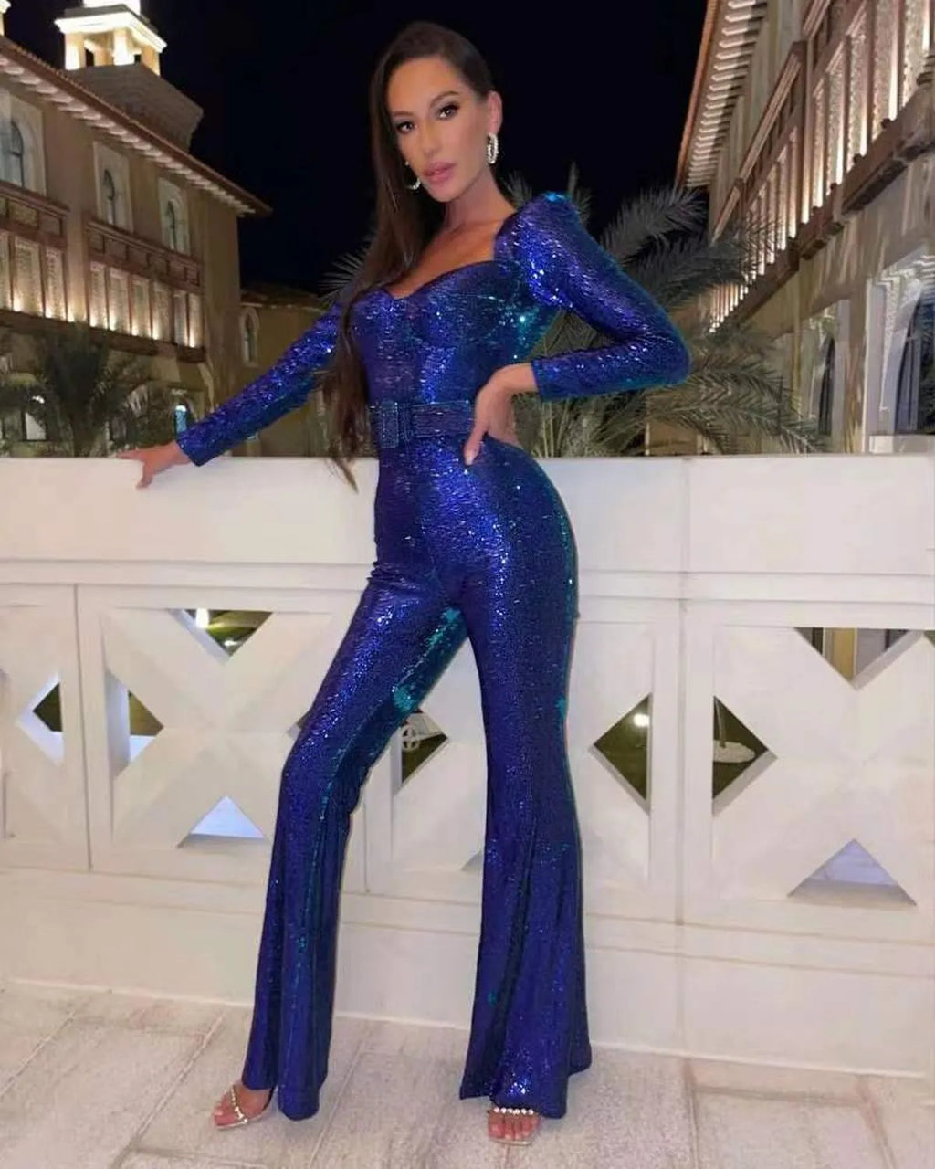 Damen Glitzernder Abendjumpsuit Mit Gürtel Eleganter Look