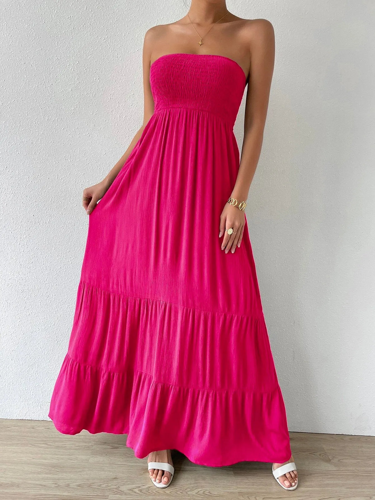 Vestido Feminino Longo Com Babado Liso Rosa