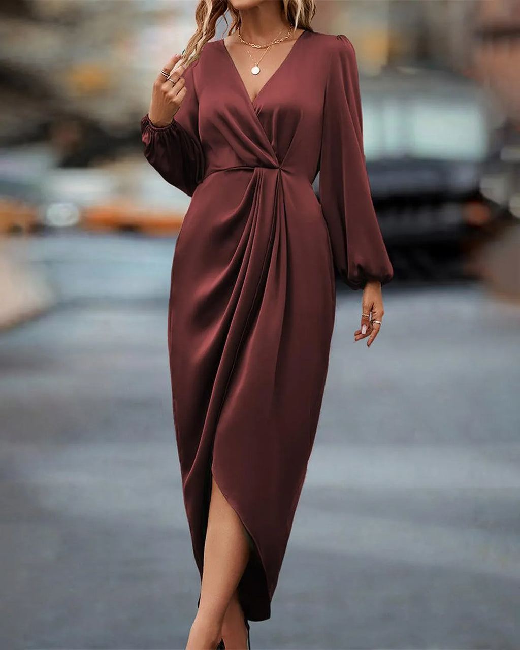 Elegante V-Hals Jurk Voor Dames | Luxe Lantaarnmouw Midi Jurk