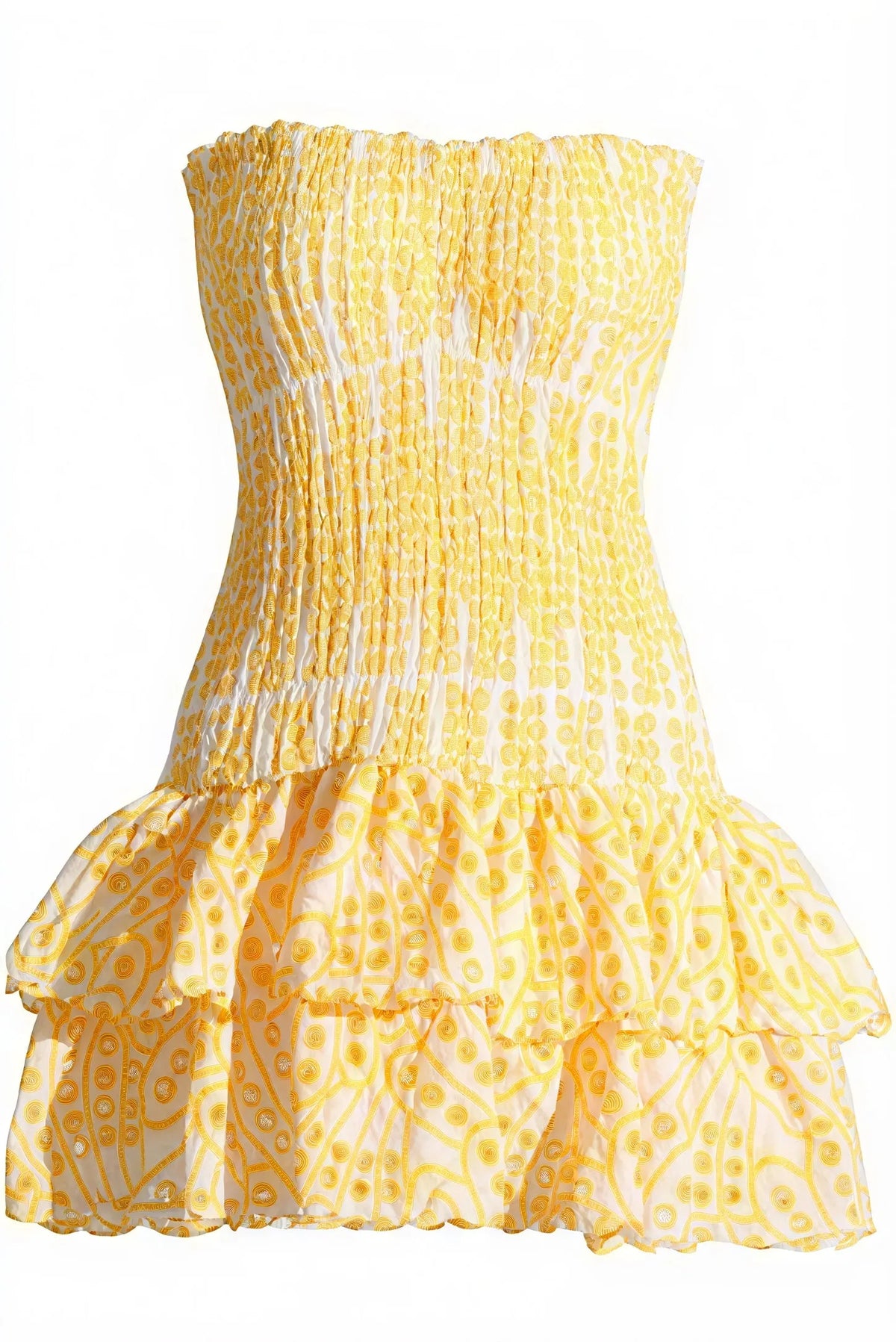 Gelb-weißes Trägerloses Minikleid – Rüschen Smock