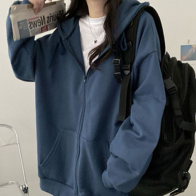 Zip-up Oversized Solid Pocket Hooded Langarm Lose Baseball Jacke