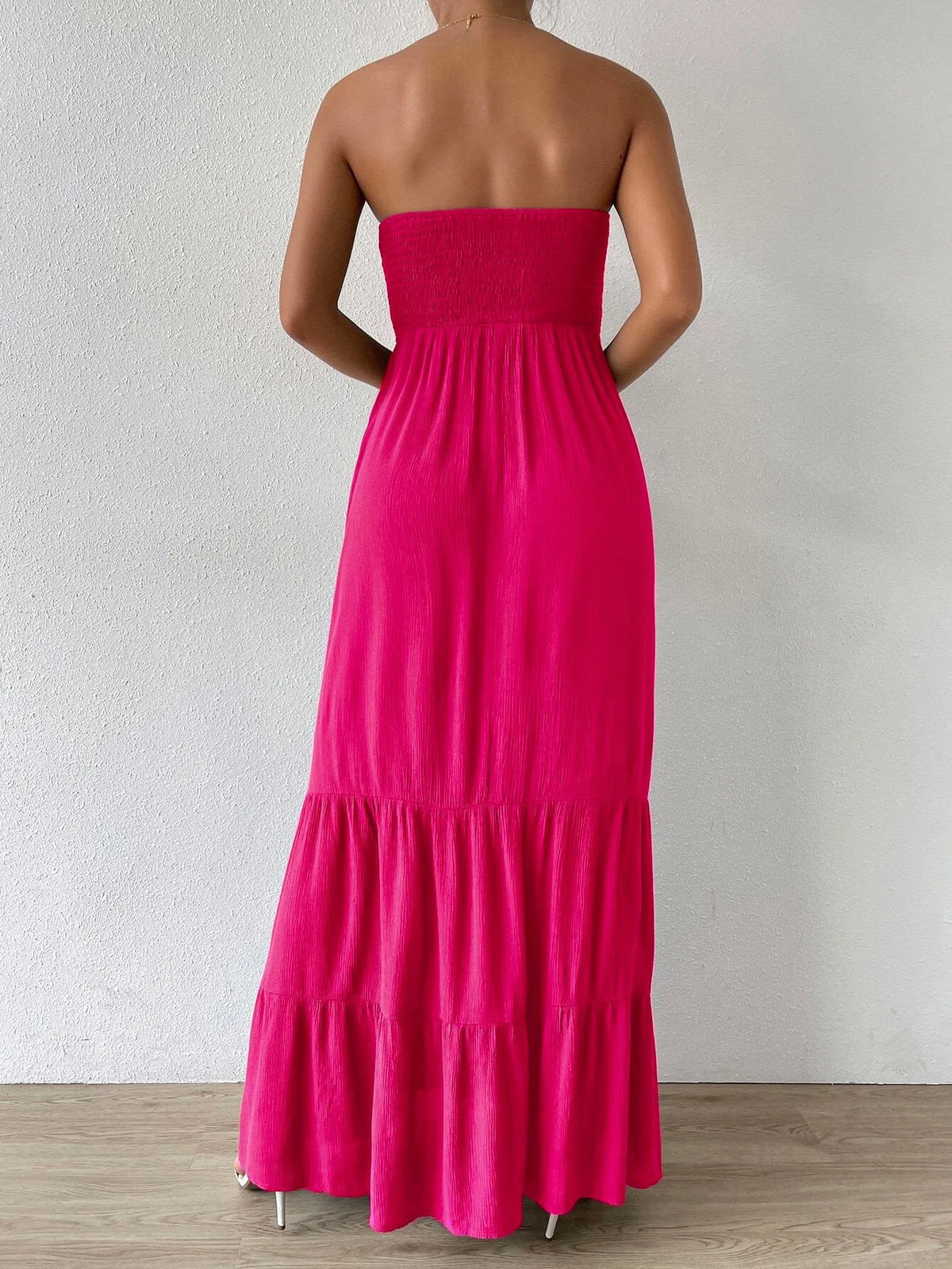 Vestido Feminino Longo Com Babado Liso Rosa