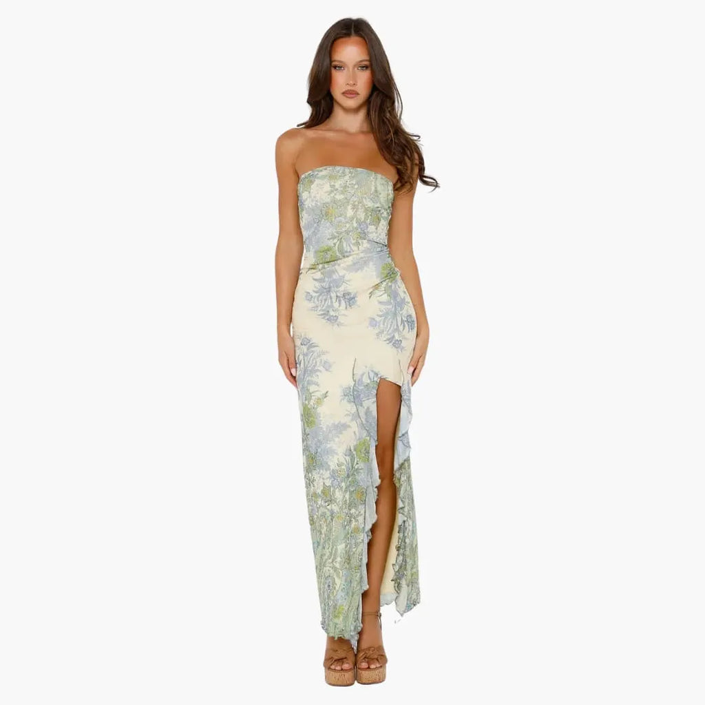 Womenâ€™s strapless maxi dress with high slit and floral print