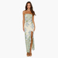 Womenâ€™s strapless maxi dress with high slit and floral print