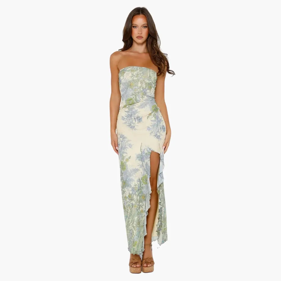 Womenâ€™s strapless maxi dress with high slit and floral print