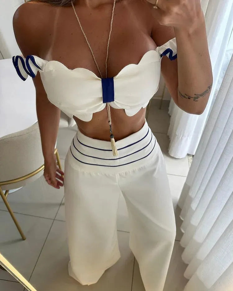 MILENA | Witte 2-Delige Dames Set met Ruches en High-Waist Pantalon – Fris, Charmant & Zomers Elegant