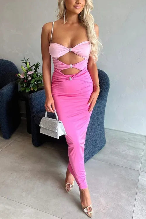 Rhinestone Straps Cut Out Gradient Maxi Bow Dress