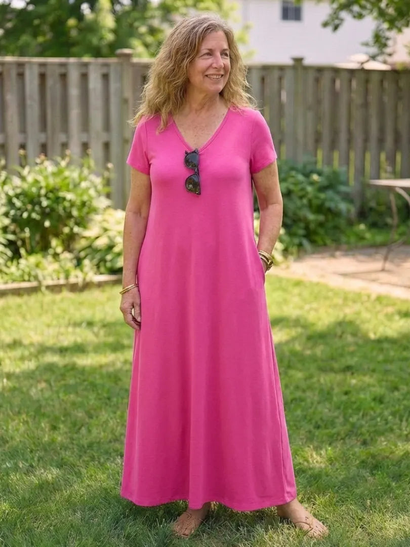 Samira | V Neck Short Sleeve Pocket Maxi Dress