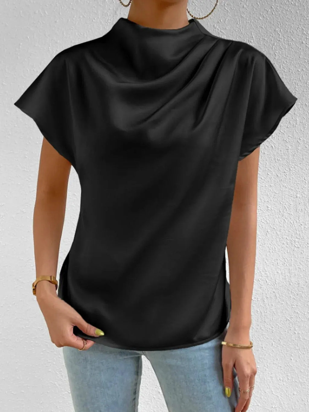 Mock Neck Short Sleeve Blouse