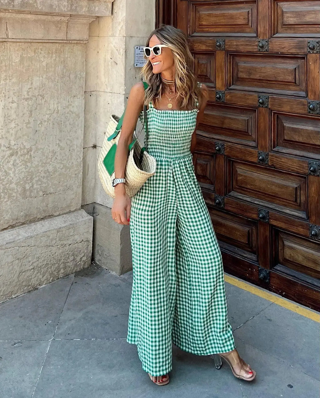 Gingham Jumpsuit mit weitem Bein