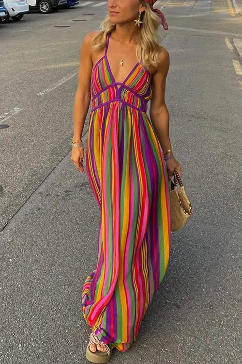 V Neck Backless Rainbow Stripes Cami Maxi Holiday Dress