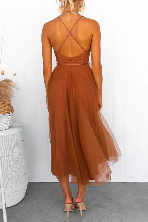 Open Back Waisted Swing Maxi Cami Tulle Dress