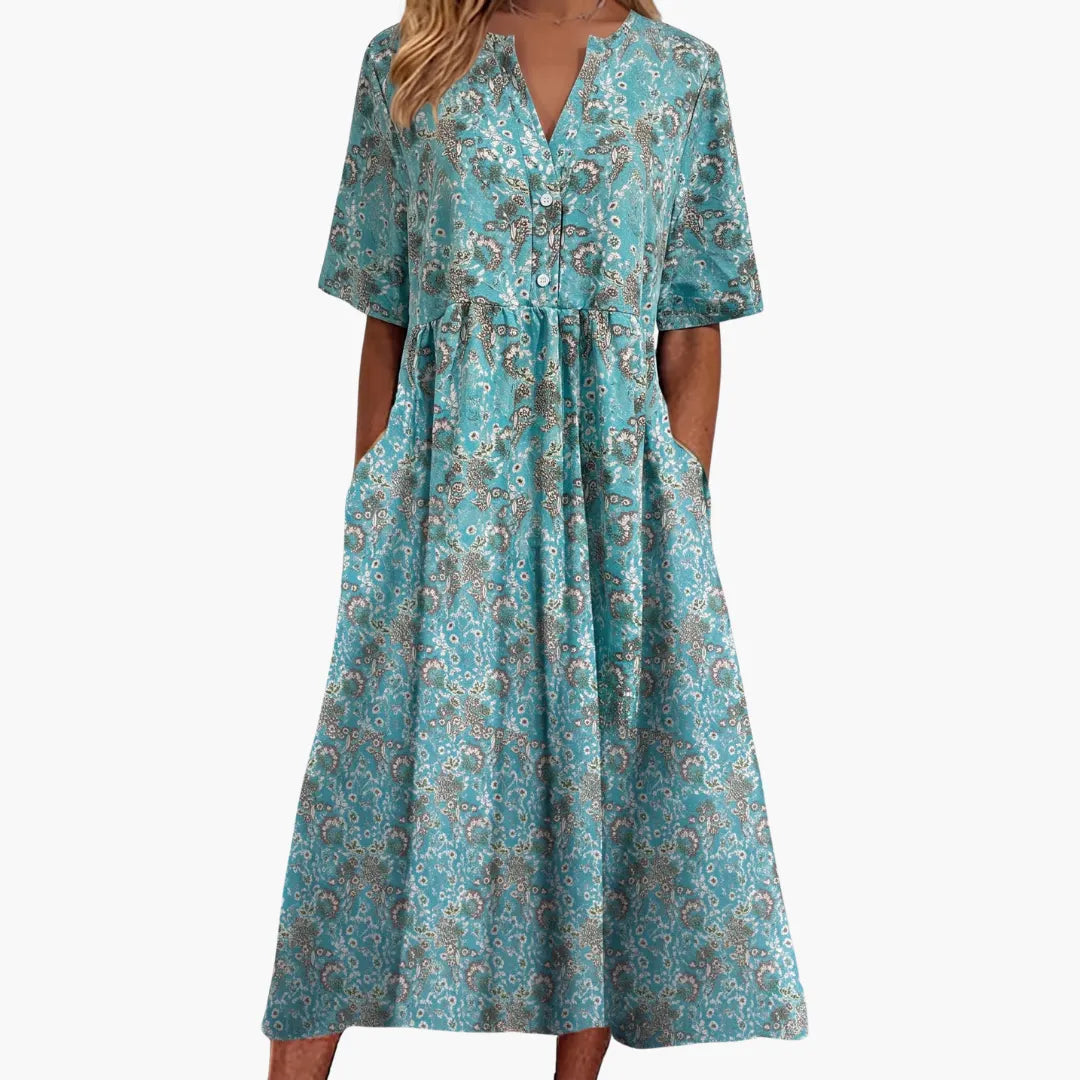Floral Midi Dress Women â V-Neck, Buttoned Front, Side Pockets