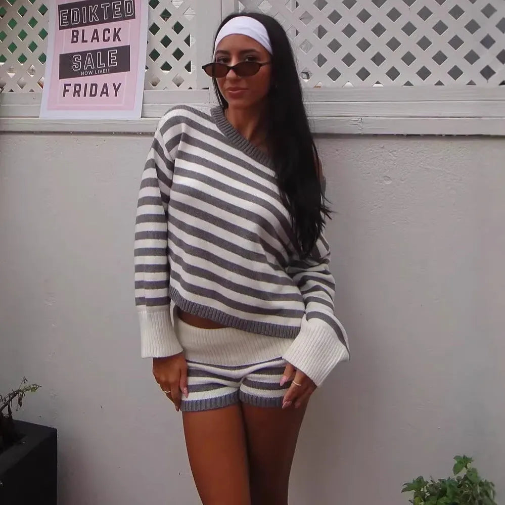 Oversized Women's Co-ord Set with Striped Sweater and Shorts