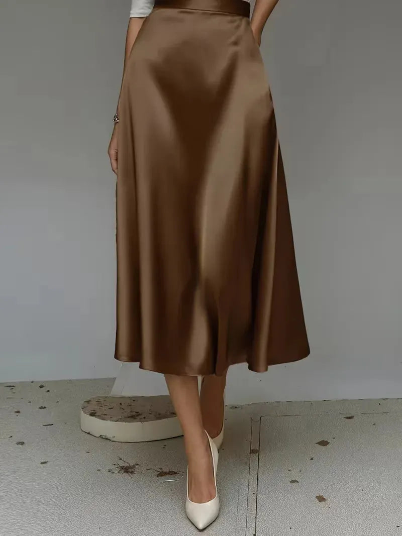 Satin Skirt for Women with High Waist and Midi Length
