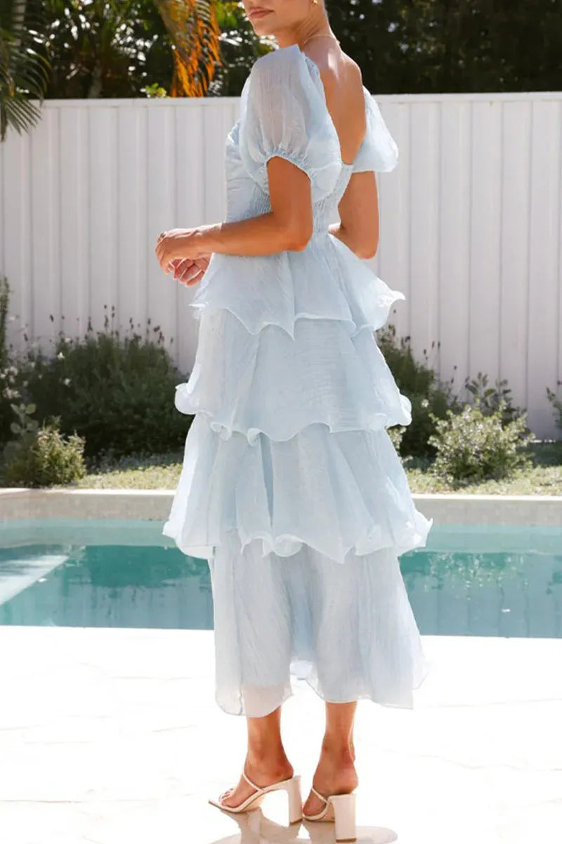 Casual Backless Flounce Square Neck Cake Skirt Dresses