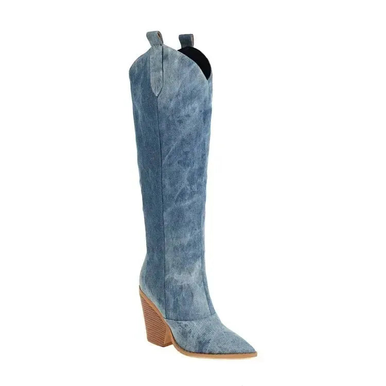 ROXANNE | Denim Look Cowboy Overknee Laarzen in Blauw – Stijlvol, Uniek & Gedurfd Voor Elke Gelegenheid