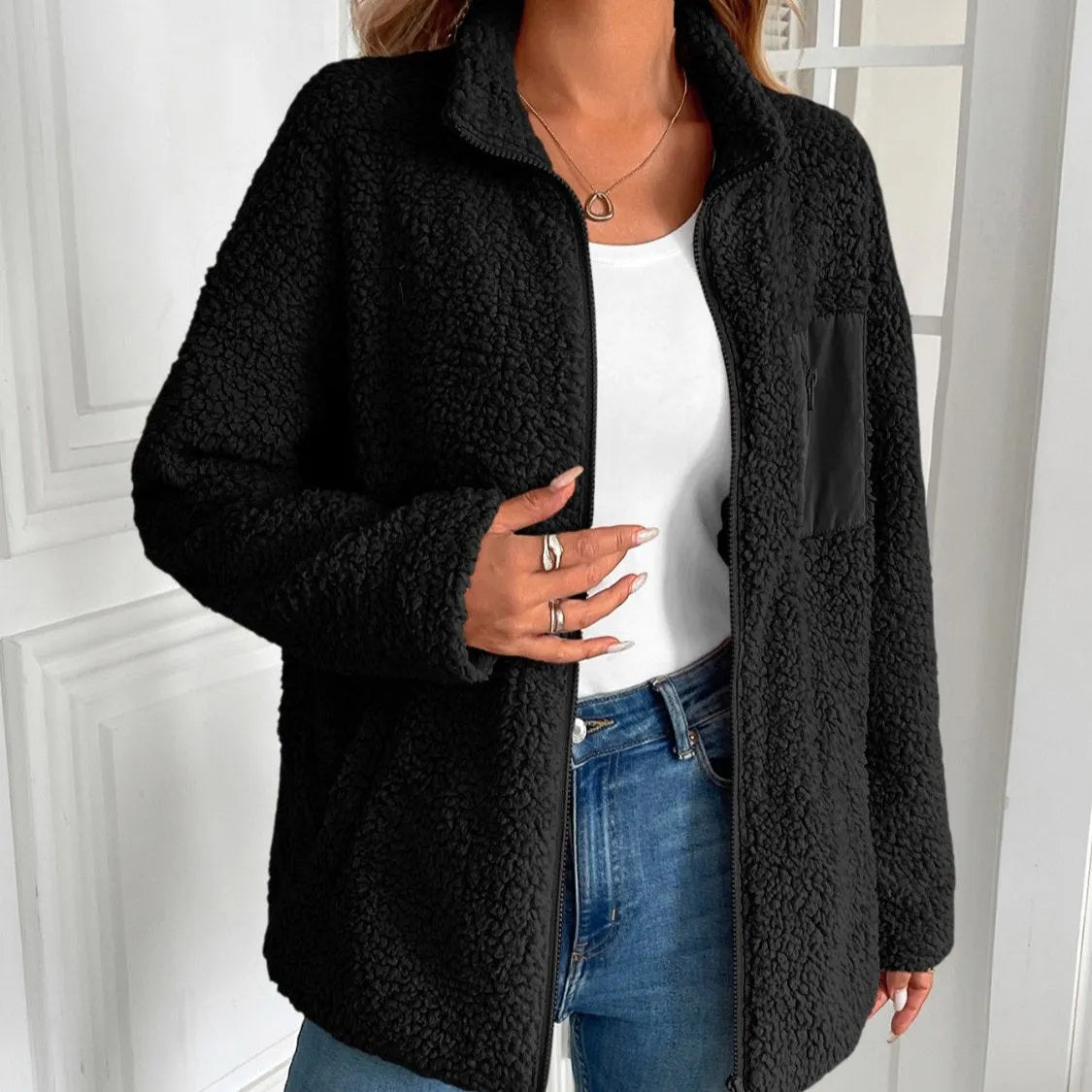 LÃ¤ssige Winter Zip-Up Fuzzy Jacke fÃ¼r Damen